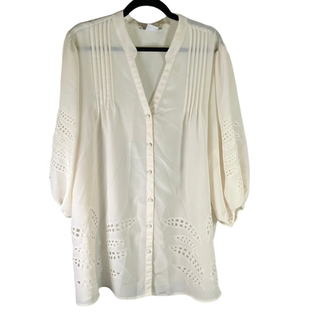 Chelsea Studio Womens 1X Tunic Top Button Down Sheer Cream Laser Cutout Blouse